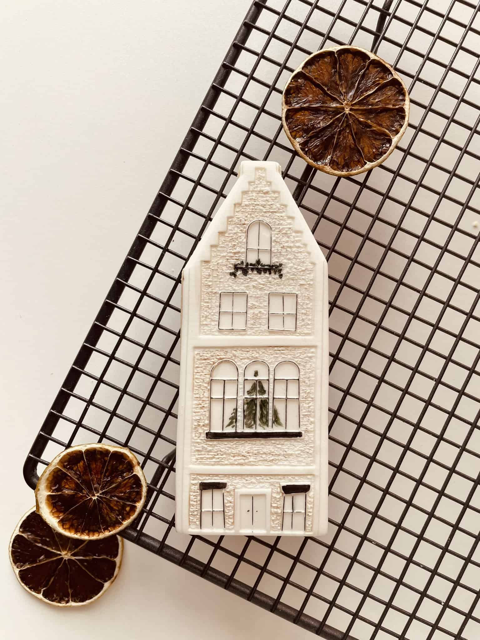 Painted fondant cookie created using our terrace house cookie cutter and stamp set