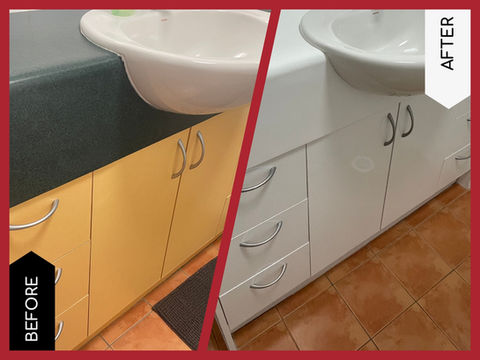Bathroom resurfacing in Sydney before and after, showing the previously yellow and navy vanity cupboard and benchtop, now all crisp white.