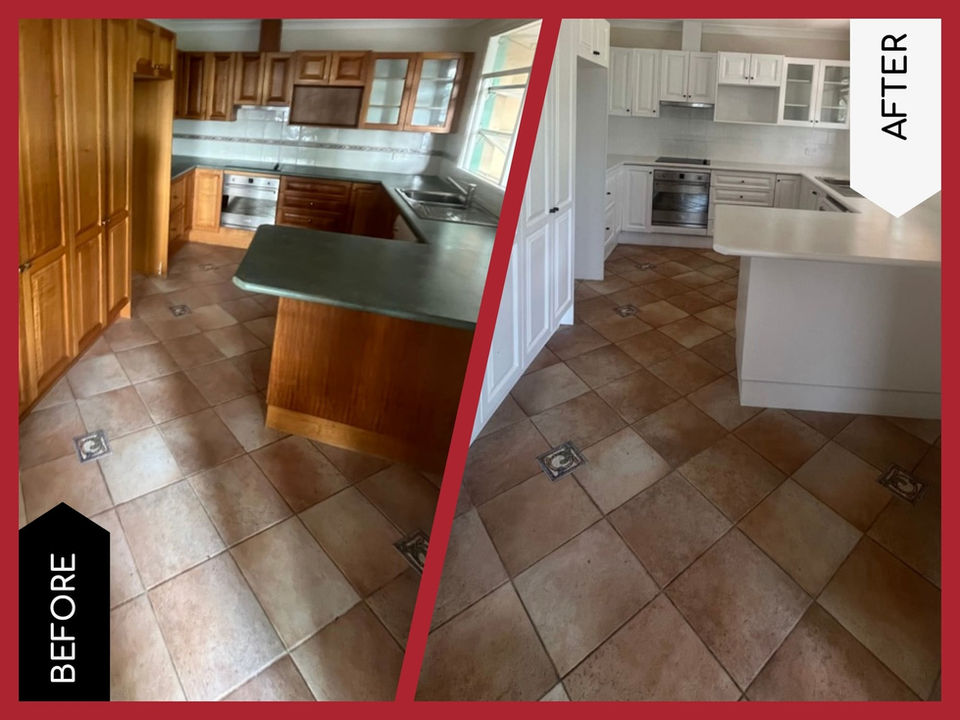 Formerly green benchtop and timber cabinetry now all refinished in white for a Resurfacing Sydney project.