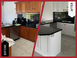 Dark timber cabinetry resurfaced bright white in a Sydney kitchen resurfacing project.