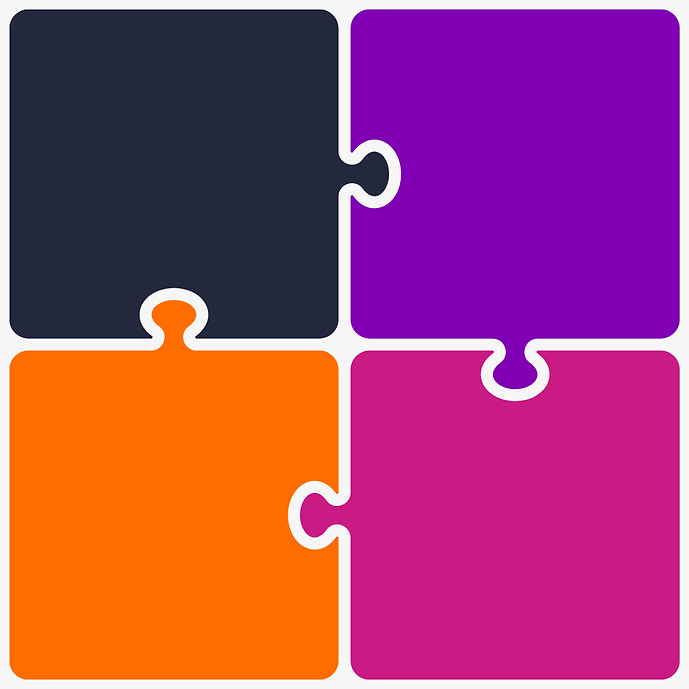 4 piece puzzle with a navy, purple, orange and pink piece