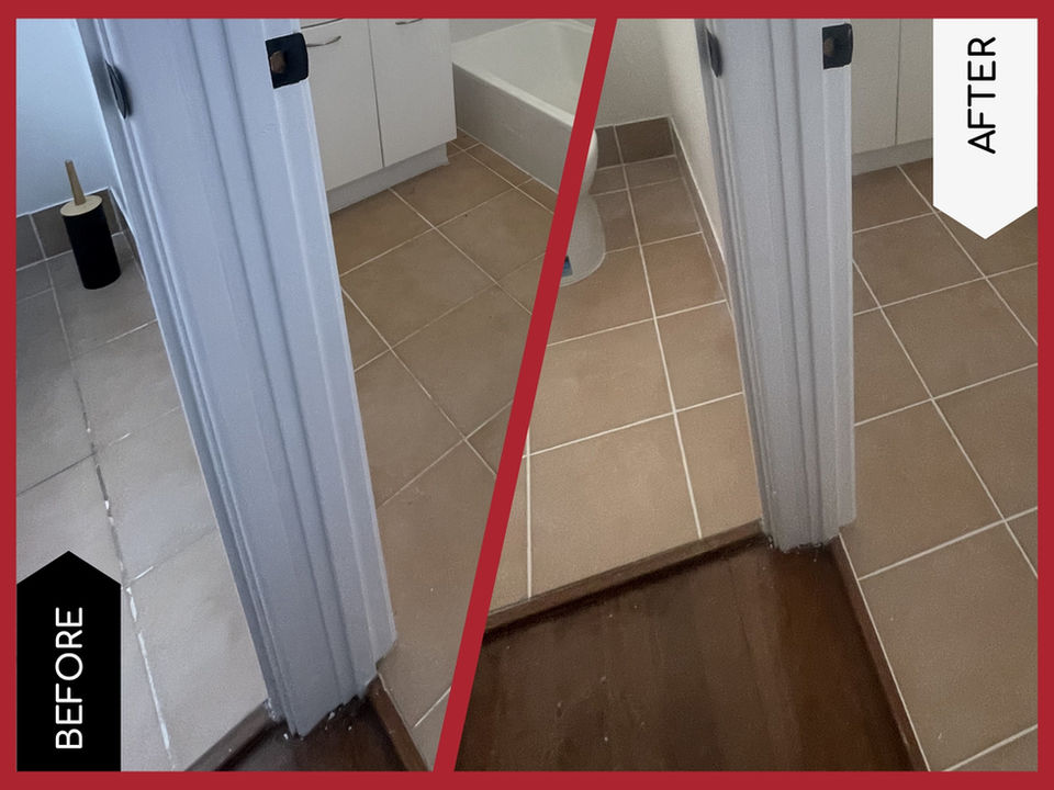 Tile and grout resurfacing in a Gold Coast bathroom and toilet (adjacent). 