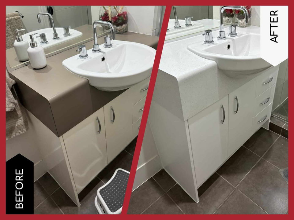 Taupe vanity top resurfaced white.