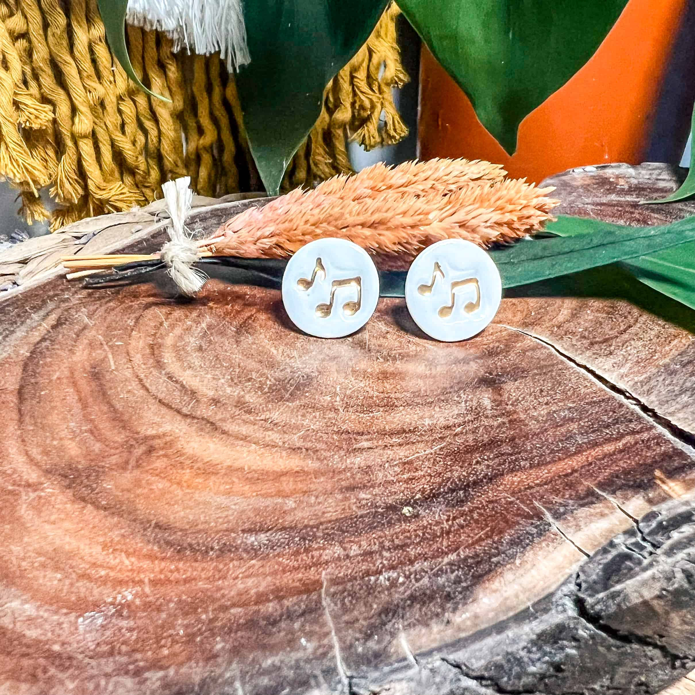 Music Notes Stud Earrings with Gold Lustre