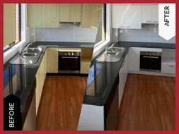 Before and after of kitchen resurfacing project in Sydney featuring yellow cabinets resprayed white.