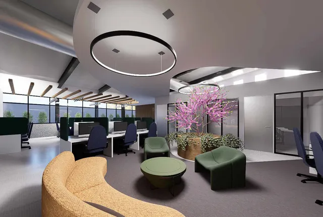 Curved seating area with circular ceiling lighting
