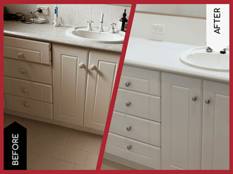 Before and after of a bathroom vanity resurfaced from cream and grey to white. 