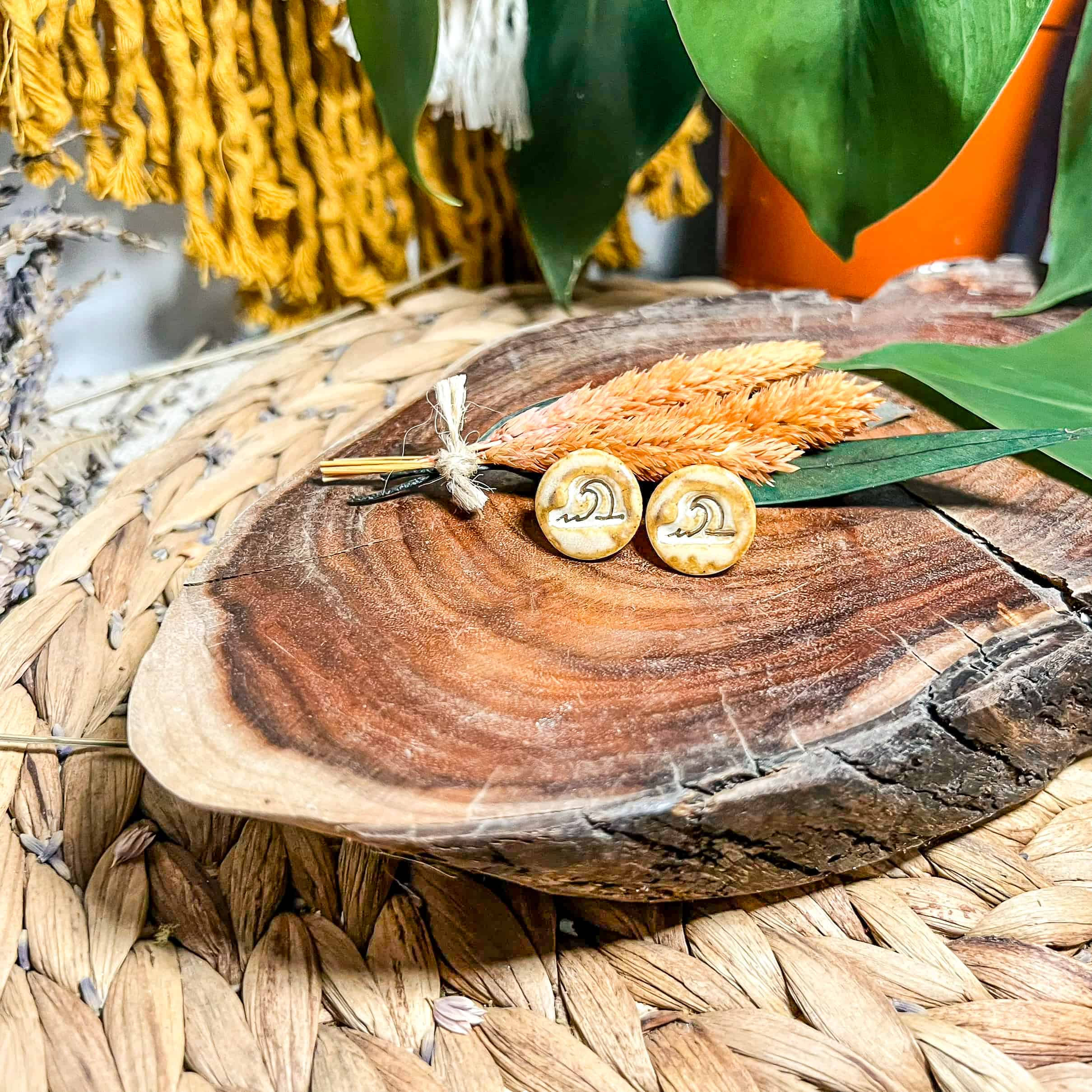 Wave Stud Earrings with Gold Lustre