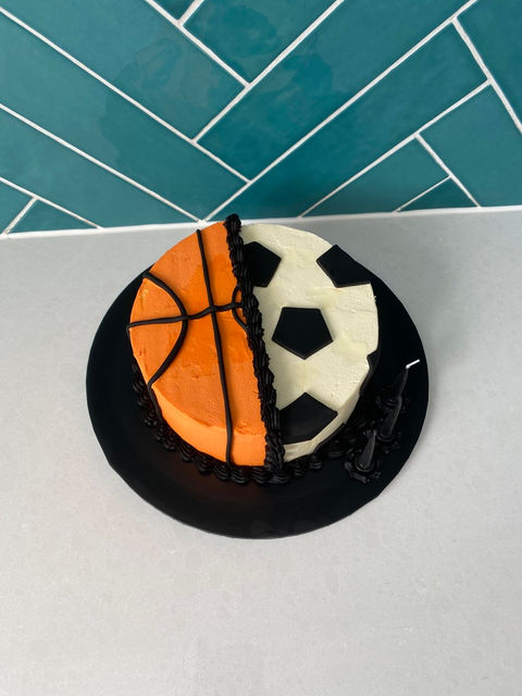 Half-basketball, half-soccerball cake