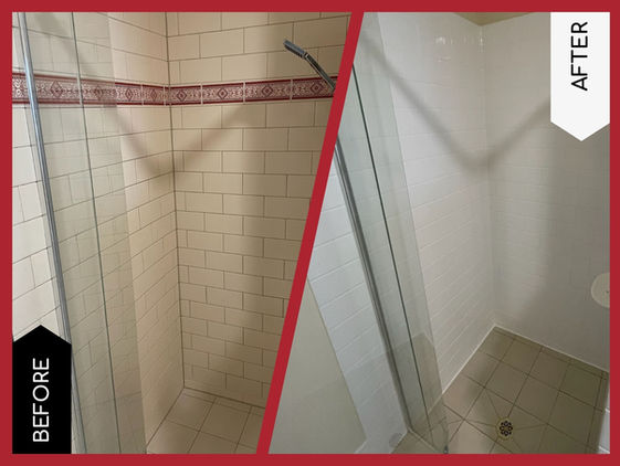 Before and after of a shower resurfacing project. Pink accent tiles are now harmonious white.