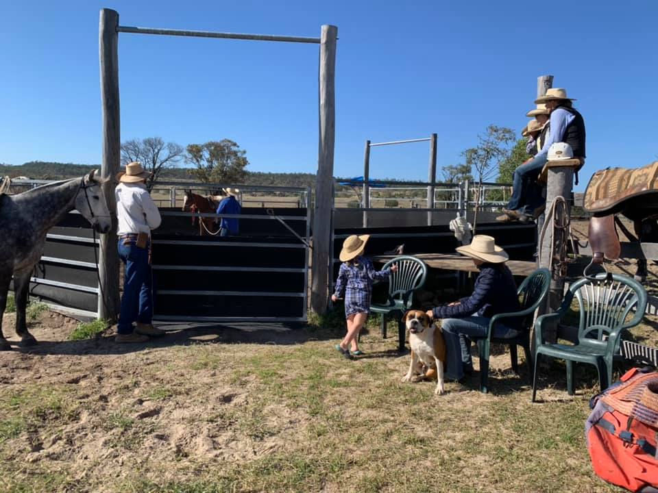 Participants around an arena at a Rocking Chair Ranch Breaking in Clinic