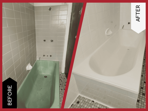Before the green bathtub is a damaged eyesore while afterwards, the wall tiles and bathtub have been resurfaced and repaired in white
