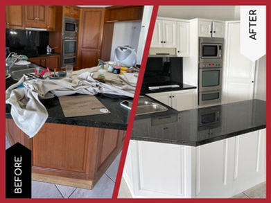 Sydney kitchen resurfacing project before and after, showing dark timber cabinetry resurfaced bright white.