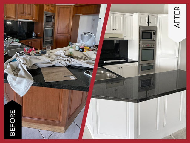 Gold Coast kitchen resurfacing project before and after, showing dark timber cabinetry resurfaced bright white.