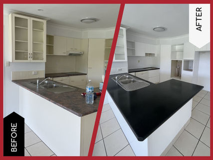 Before this Labrador home had cream cabinets and a brown stone benchtop. After, the cabintery has been resurfaced in crisp white with a black benchtop for a modern kitchen.