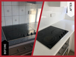 Kitchen benchtop resurfacing and splashback before and after - from dated navy and accent pattern tiles to fresh white tiles and a stone-look bench respray.