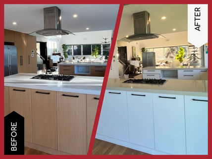 Before and after kitchen resurfacing - from pine-look cabinets to crisp white, with benchtop unchanged.