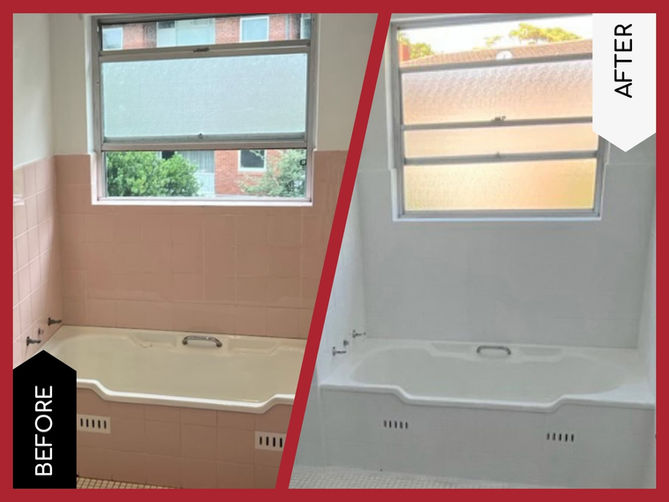 Before and after resurfacing 80s bathroom from baby pink to white.