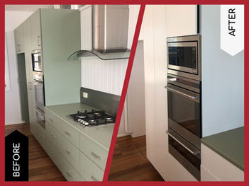 Before and after kitchen resurfacing from green benchtops and cabinetry to white cabinetry with a darker green benchtop.