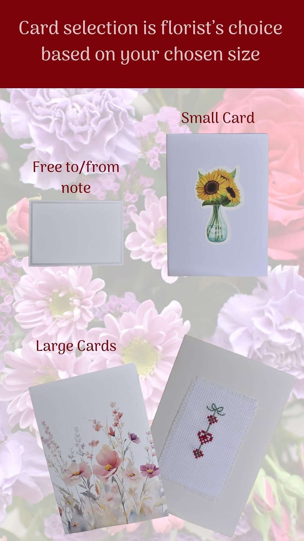 Thumbnail: Graphic shows 4 card options: to/from note (business card), small card (slighty larger with a flower sticker), or large cards