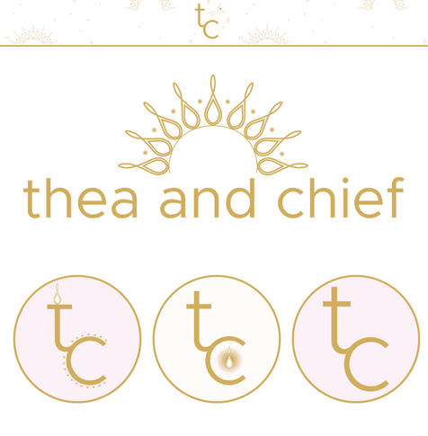 Branding for Thea and Chief, featuring line drawn gold elements with pinks and creams.