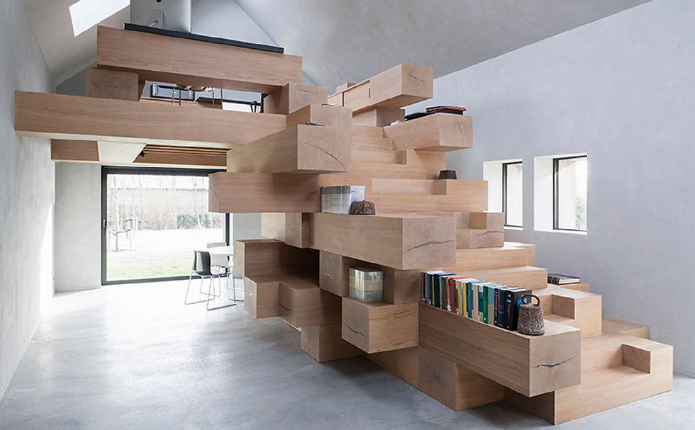 Stacked timber beams Multi-use office furniture Malaysia