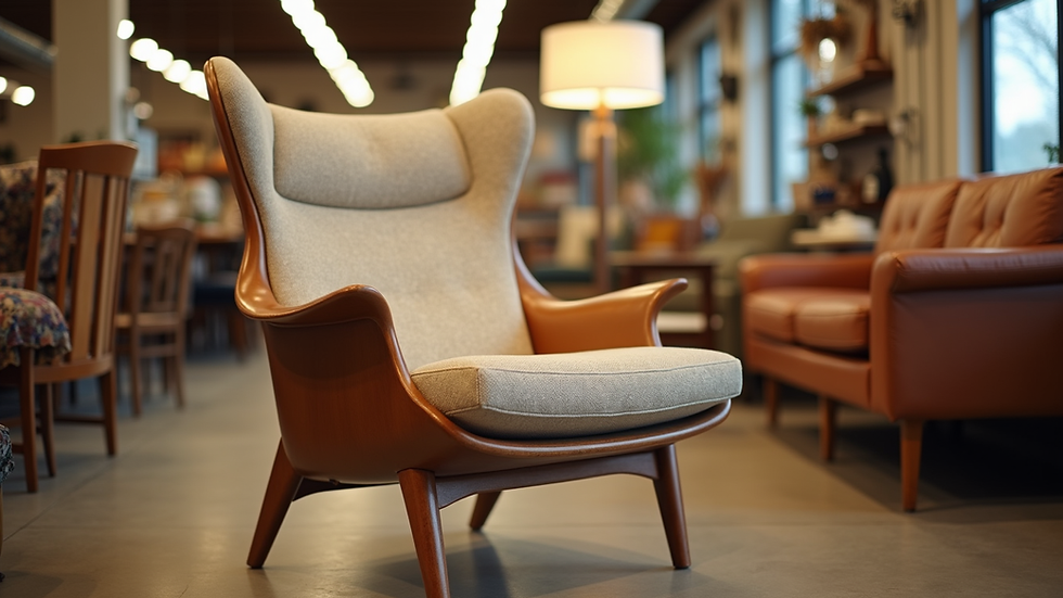 Close-up view of a stylish mid-century modern chair in a consignment store