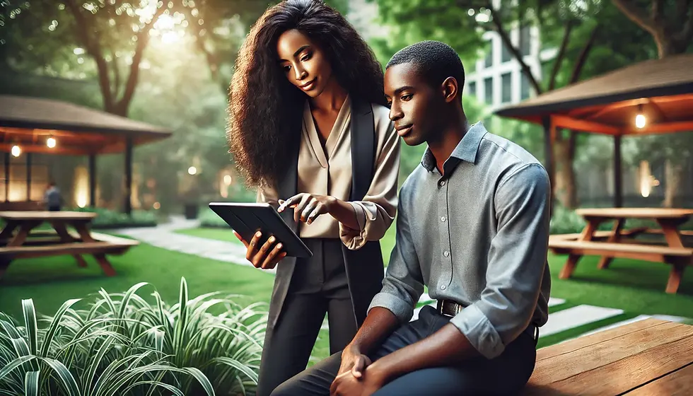Two people outdoors, one standing, showing a tablet to the seated one. They're in a lush garden with picnic tables, under soft sunlight.
