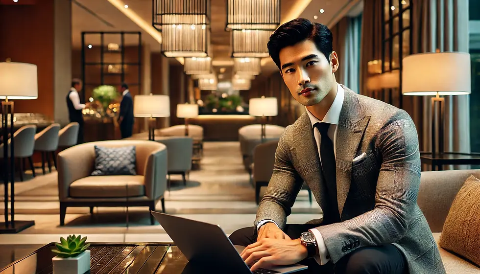 Man in suit using a laptop in a modern lounge with warm lighting. Two men converse in the background. Luxurious, professional atmosphere.