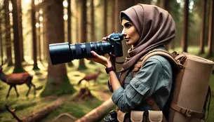 Photographer with a camera and backpack in a sunlit forest, focused on capturing deer in the background. Earth tones dominate the scene.