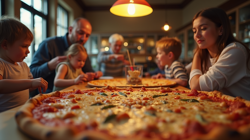 Eye-level view of a family gathered around a table enjoying pizza