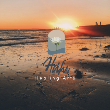 the Haiku Healing Arts logo over a image of a beach in Cape Elizabeth, ME