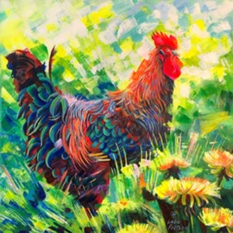 image_6483441-3.jpeg Brightly coloured hen in bright green grass