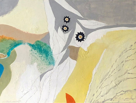 Bill Duffield - Exploration1.jpeg Abstract landscape in yellow, green , grey and white with black accents