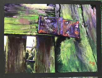 Fence in Perspective by Anna Ballarin.jpeg close up og an old fence and hinge in greens, purple and orange.