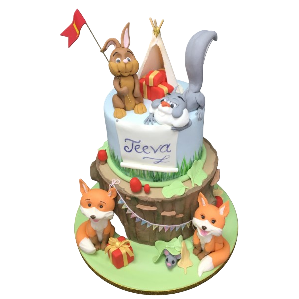 Bespoke cake featuring a tipi and cute wildlife animals, crafted for a celebration in Solihull, West Midlands.