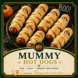 Mummy hot dogs wrapped in golden crescent dough with candy eyes for Halloween