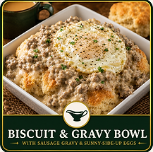 Fluffy biscuits topped with creamy sausage gravy and sunny-side-up eggs