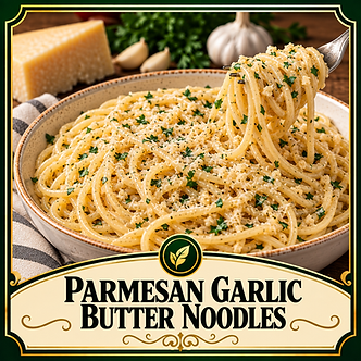 Buttery Parmesan garlic noodles with minced garlic, grated Parmesan, and finely chopped parsley, with spaghetti twirled around a fork.