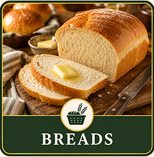 Homemade bread recipes including dinner rolls, biscuits, cornbread, yeast breads, sweet breads, and family favorites