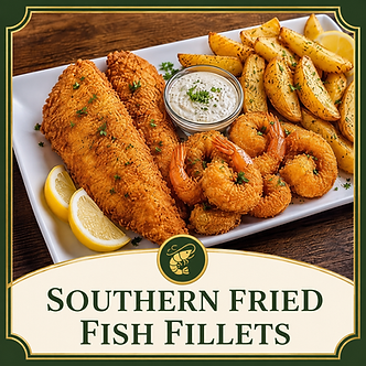 Southern fried fish fillets with crispy seasoned cornmeal coating served with shrimp, potato wedges, tartar sauce, and lemon.