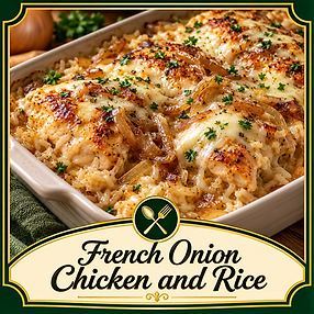French onion chicken and rice casserole with caramelized onions and melted Swiss cheese