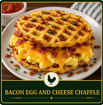 Crispy cheese chaffle topped with bacon, egg, and melted cheese