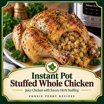 Instant Pot stuffed whole chicken with savory herb stuffing and golden seasoned skin.