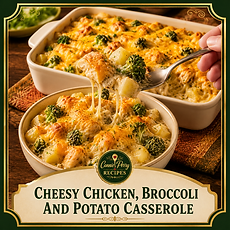 Cheesy chicken broccoli and potato casserole baked until creamy and golden