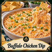 Creamy Buffalo chicken dip with shredded chicken, melted cheese, feta, and green onions served with tortilla chips.