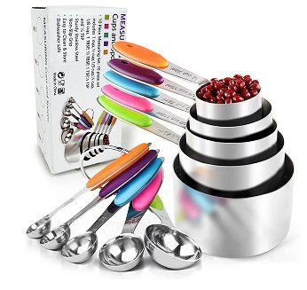 18/8 Stainless Measuring Cups and Spoons Set ,10 Piece Stainless Steel Measuring Spoons and Cups with Colored Soft Silicone Handles and Clearly Scale for Cooking and Baking