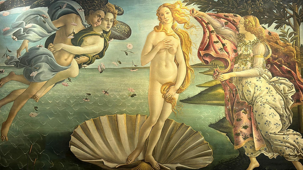 A woman stands on a giant seashell in the ocean. Two figures blow wind from the left, while a woman on the right holds a floral robe.