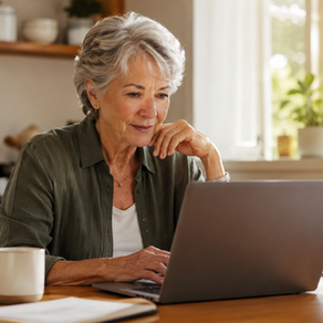 Woman in her late 60s reviewing aging-in-place planning resources on a laptop at her kitchen table