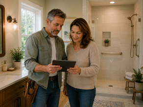 A couple reviewing remodeling plans in a bathroom